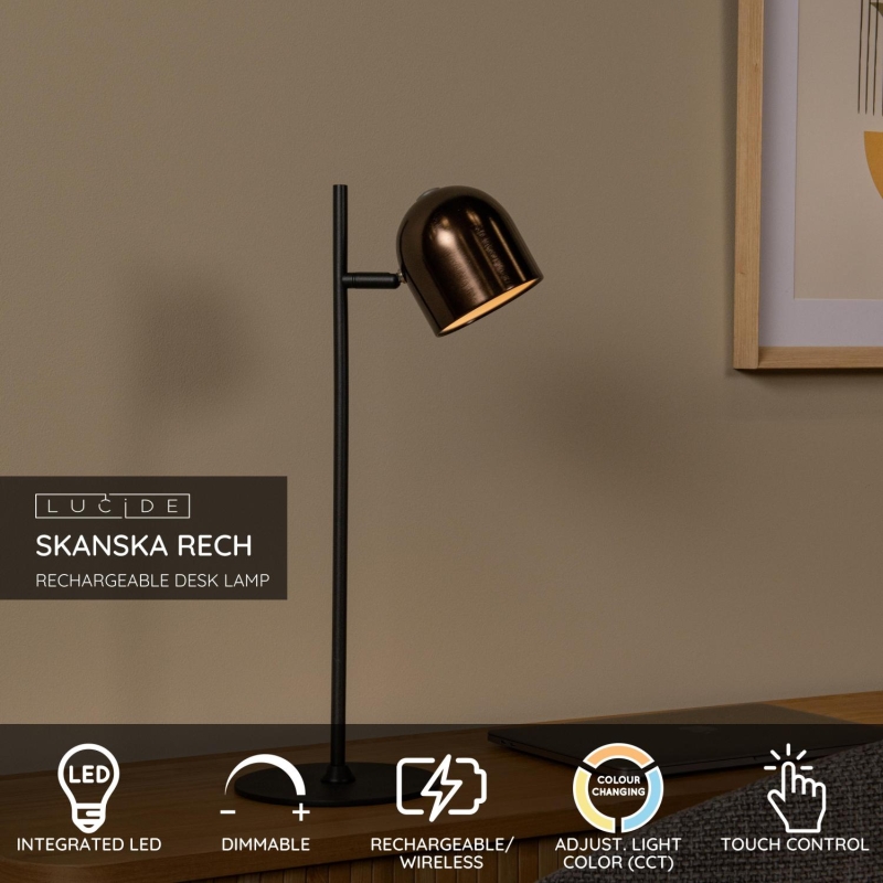 Lucide SKANSKA RECH - Rechargeable Desk lamp Indoor/Outdoor - Battery pack - LED Dim. - CCT - 1x3W 3000K/6000K - IP44 - Coffee